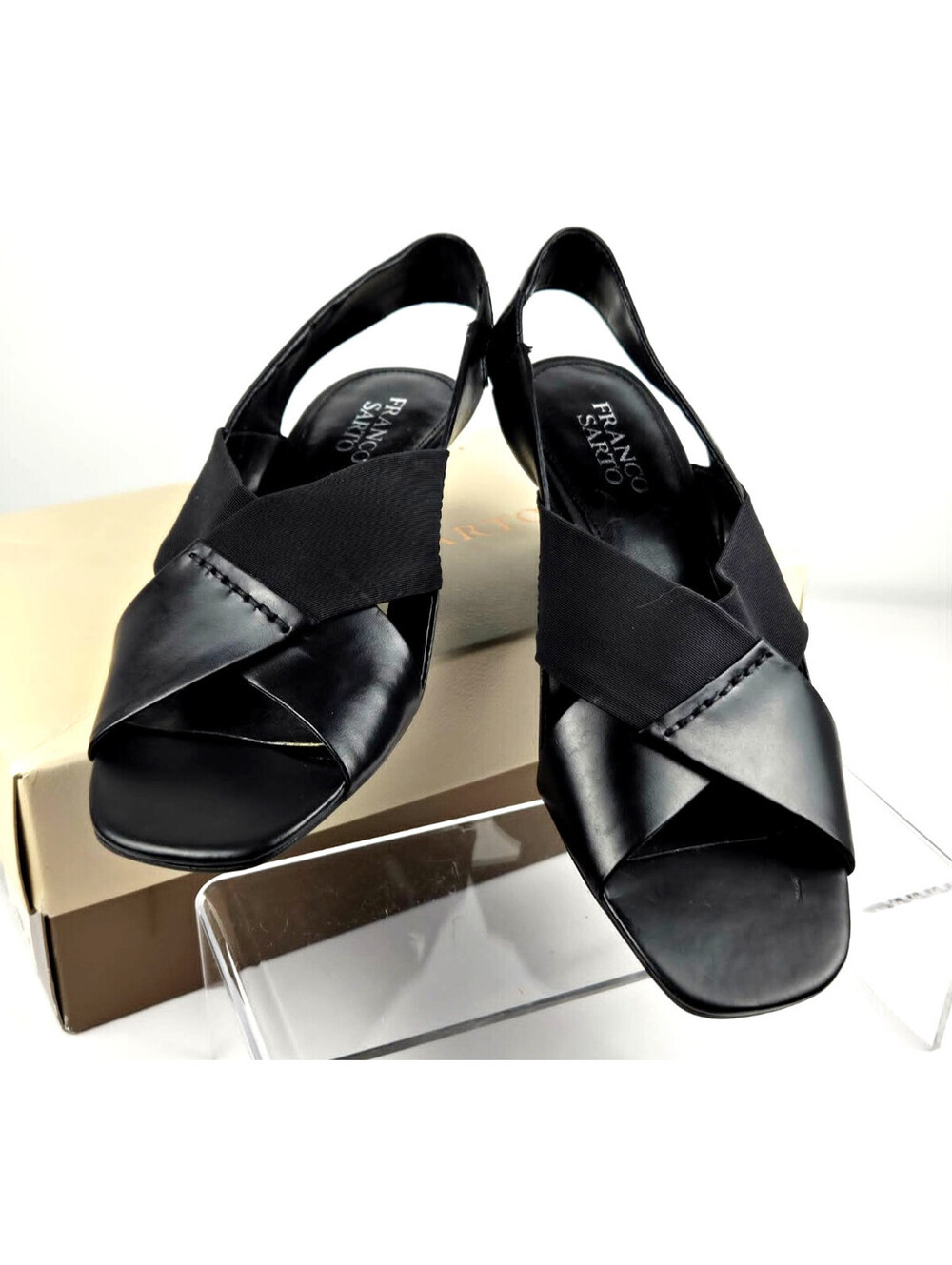 Franco Sarto Raleigh Black Leather Slingback Sandals Elastic Strap 7M